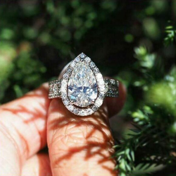 Women's 3.50Ct Pear-Cut Lab Diamond Halo Engagement Ring – 14K White Gold Plated - Picture 12 of 14